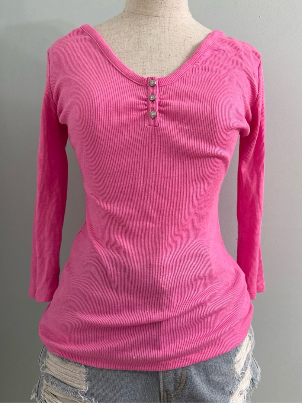Y2K Guess Pink Shimmer Henley Top S